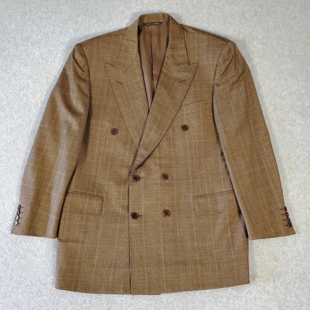 Canali Double Breasted Blazer FITS 44 tag sz 48 Brown Glen Plaid Super 120s Wool